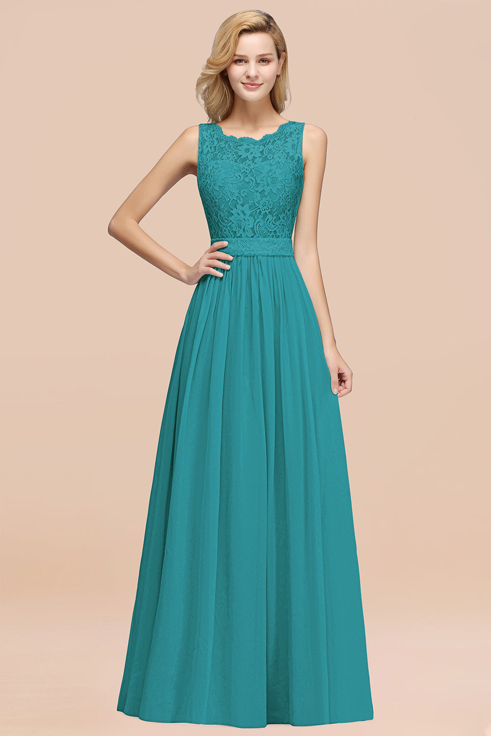 A-Line Lace Scalloped Chiffon Long Bridesmaid Dress with Ruffles-27Dress