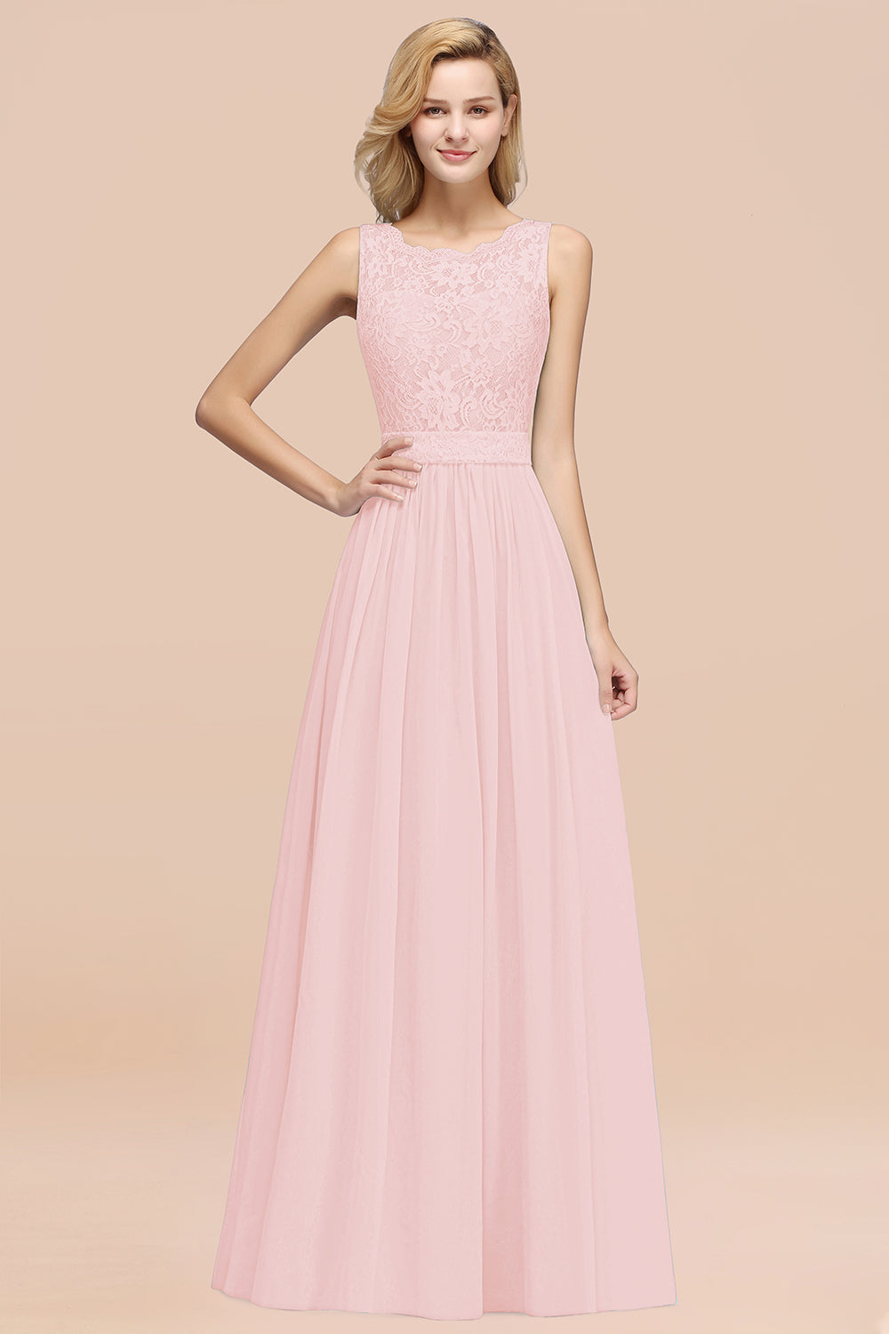 A-Line Lace Scalloped Chiffon Long Bridesmaid Dress with Ruffles-27Dress