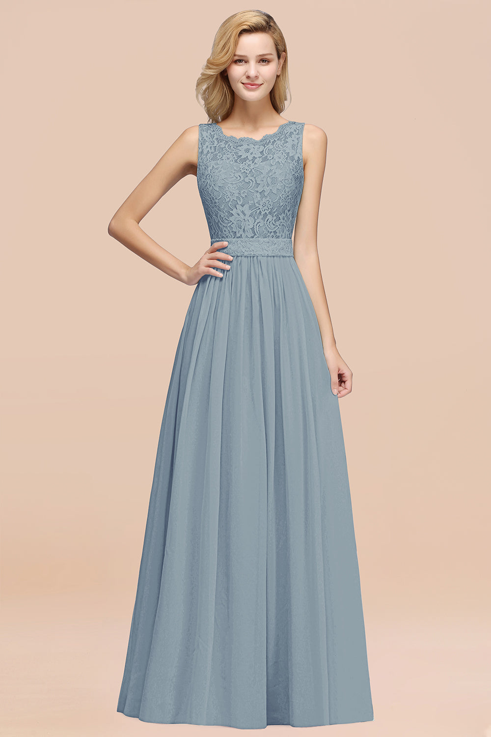 A-Line Lace Scalloped Chiffon Long Bridesmaid Dress with Ruffles-27Dress