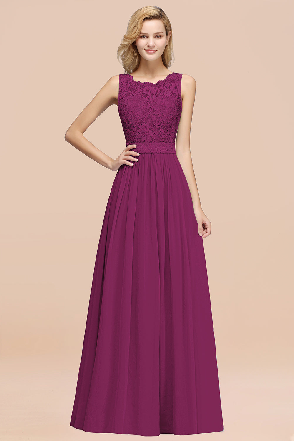 A-Line Lace Scalloped Chiffon Long Bridesmaid Dress with Ruffles-27Dress