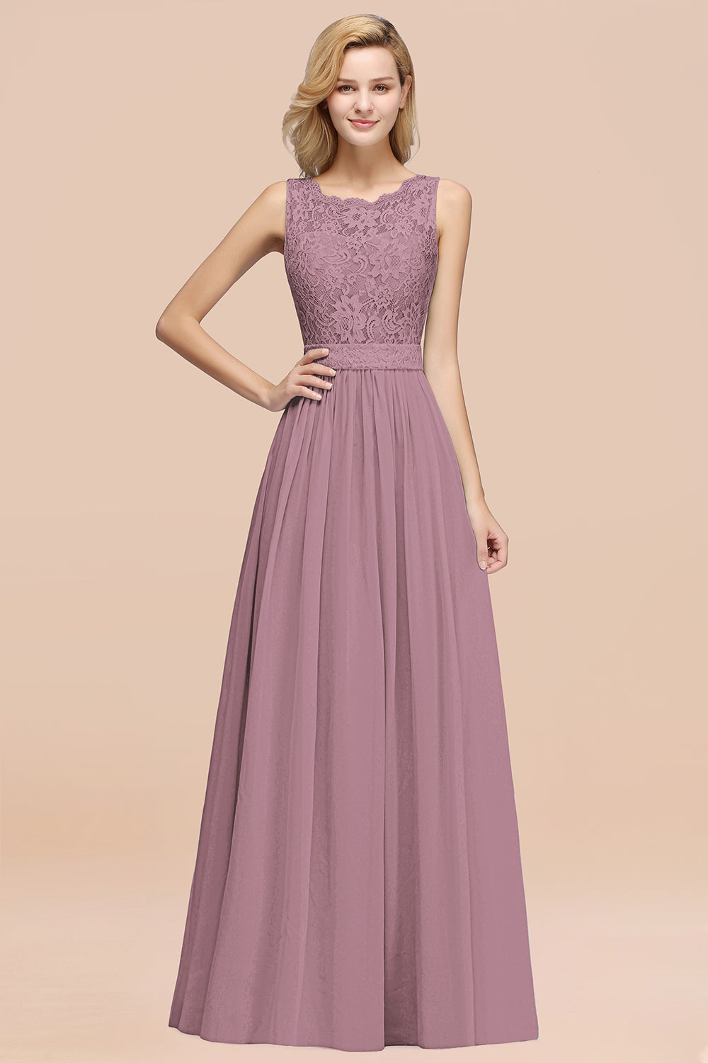 A-Line Lace Scalloped Chiffon Long Bridesmaid Dress with Ruffles-27Dress