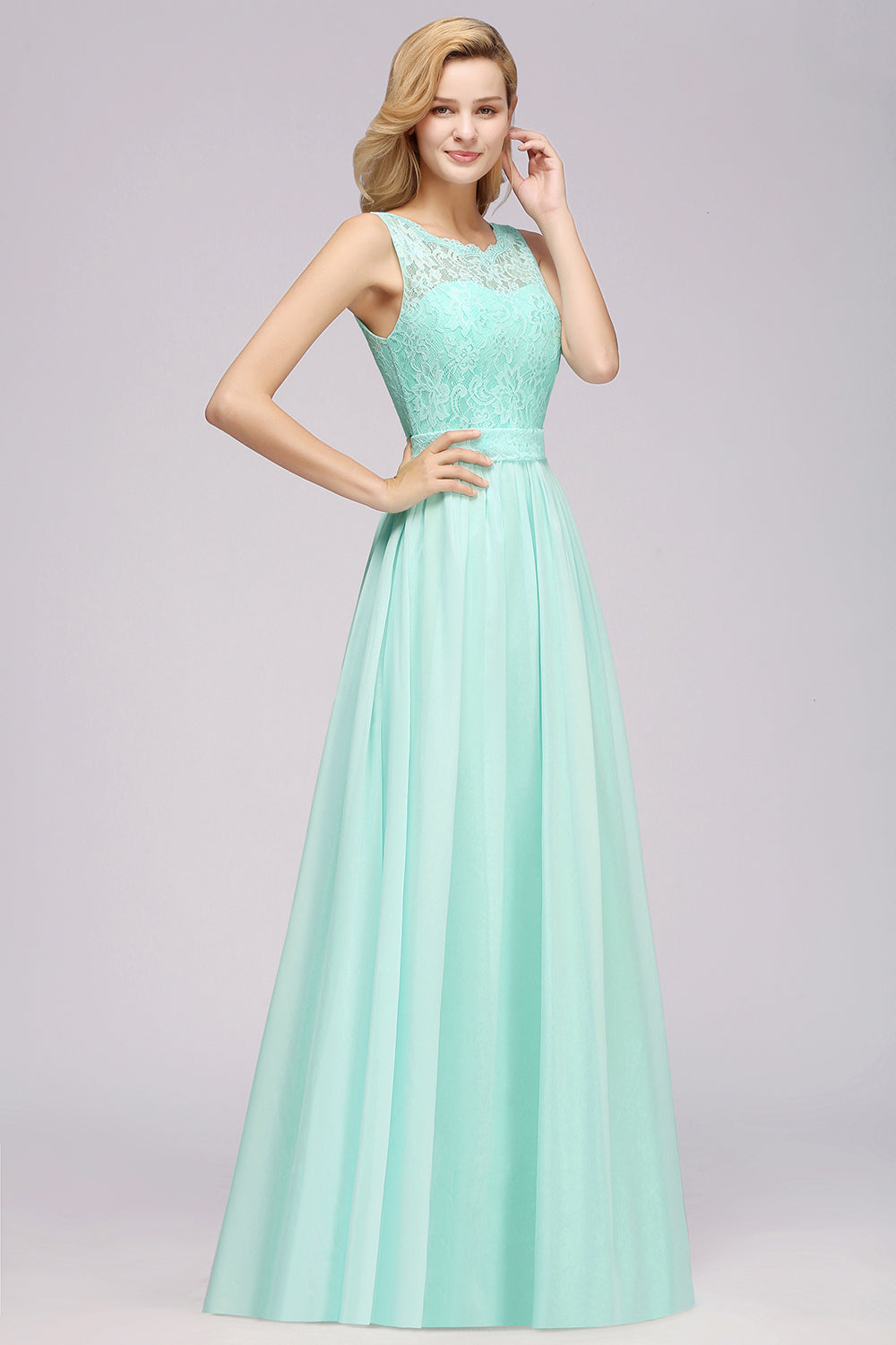 A-Line Lace Scalloped Chiffon Long Bridesmaid Dress with Ruffles-27Dress