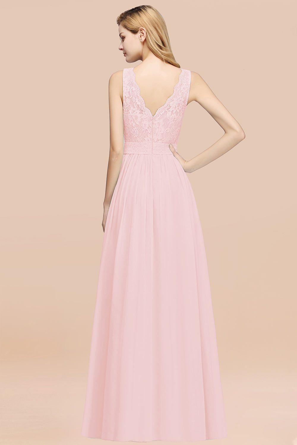 A-Line Lace Scalloped Chiffon Long Bridesmaid Dress with Ruffles-27Dress