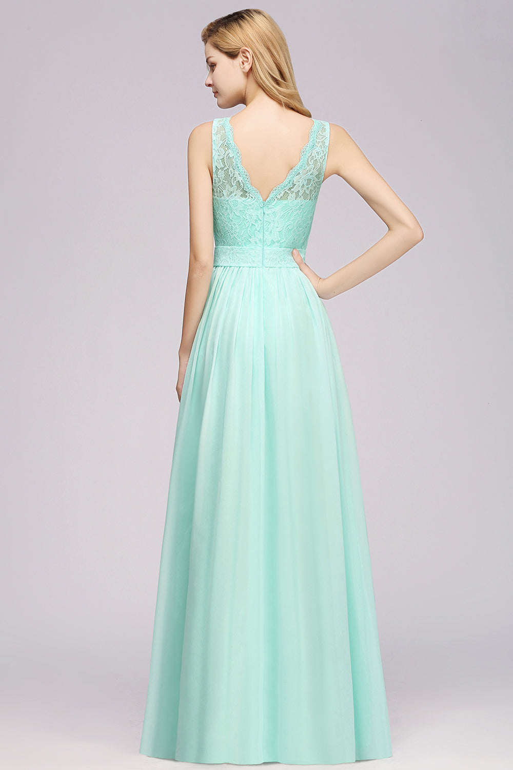 A-Line Lace Scalloped Chiffon Long Bridesmaid Dress with Ruffles-27Dress