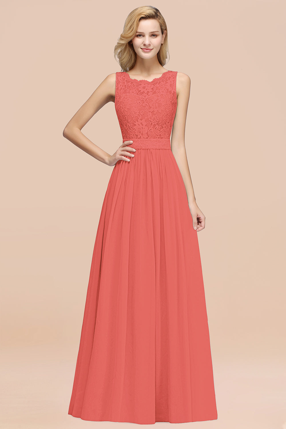 A-Line Lace Scalloped Chiffon Long Bridesmaid Dress with Ruffles-27Dress