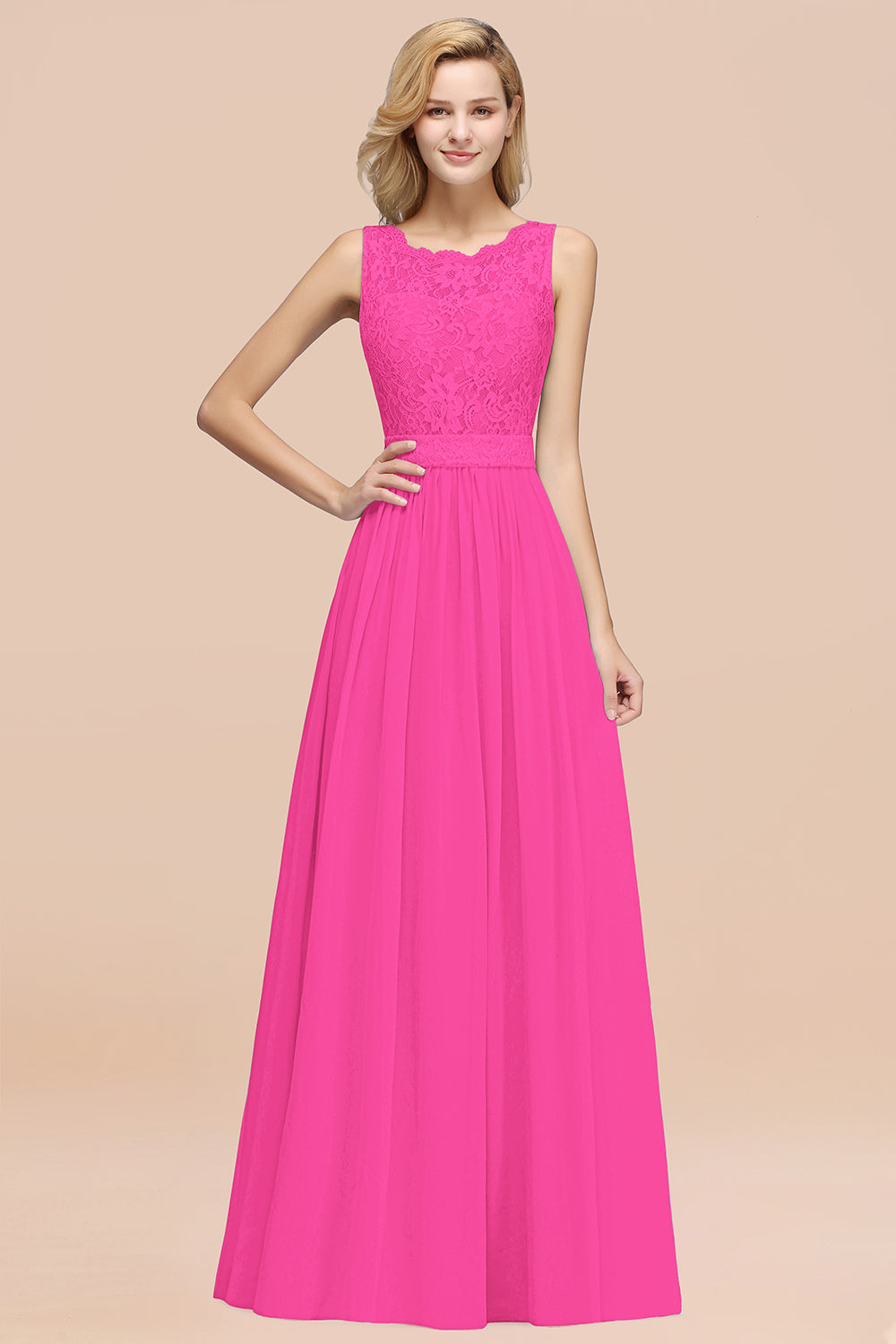 A-Line Lace Scalloped Chiffon Long Bridesmaid Dress with Ruffles-27Dress