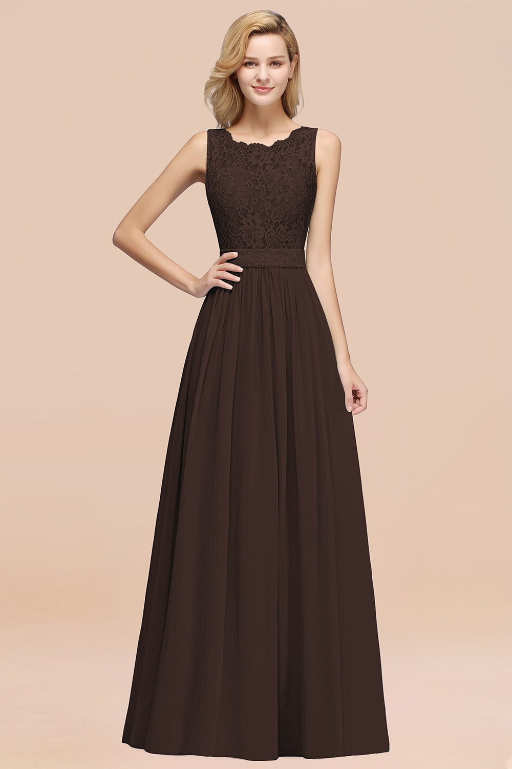 A-Line Lace Scalloped Chiffon Long Bridesmaid Dress with Ruffles-27Dress