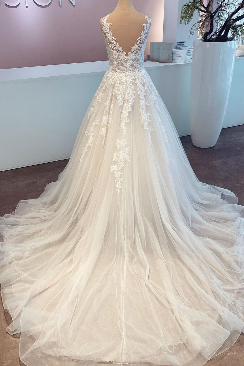 A-Line Lace Wedding Dress Sleeveless Long Bridal Gowns-27dress