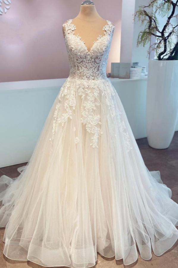 A-Line Lace Wedding Dress Sleeveless Long Bridal Gowns-27dress