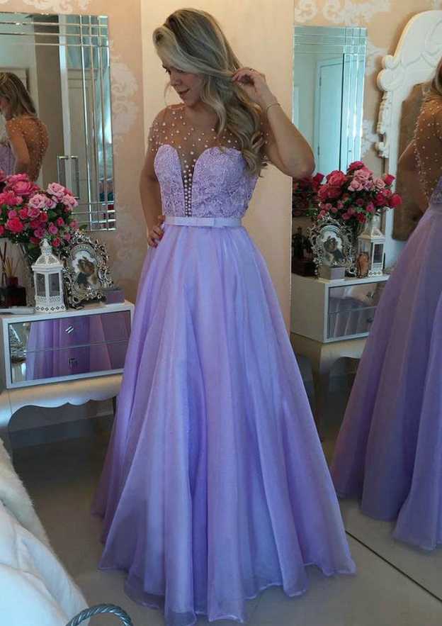 A-Line Long Chiffon Prom Dress With Beaded Lace Bowknot-27dress