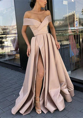 A-line Off-the-Shoulder Cap Straps Sweep Train Satin Prom Dress With Pleated Split-27dress