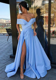 A-line Off-the-Shoulder Cap Straps Sweep Train Satin Prom Dress With Pleated Split-27dress