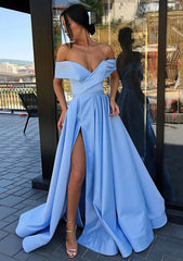 A-line Off-the-Shoulder Cap Straps Sweep Train Satin Prom Dress With Pleated Split-27dress