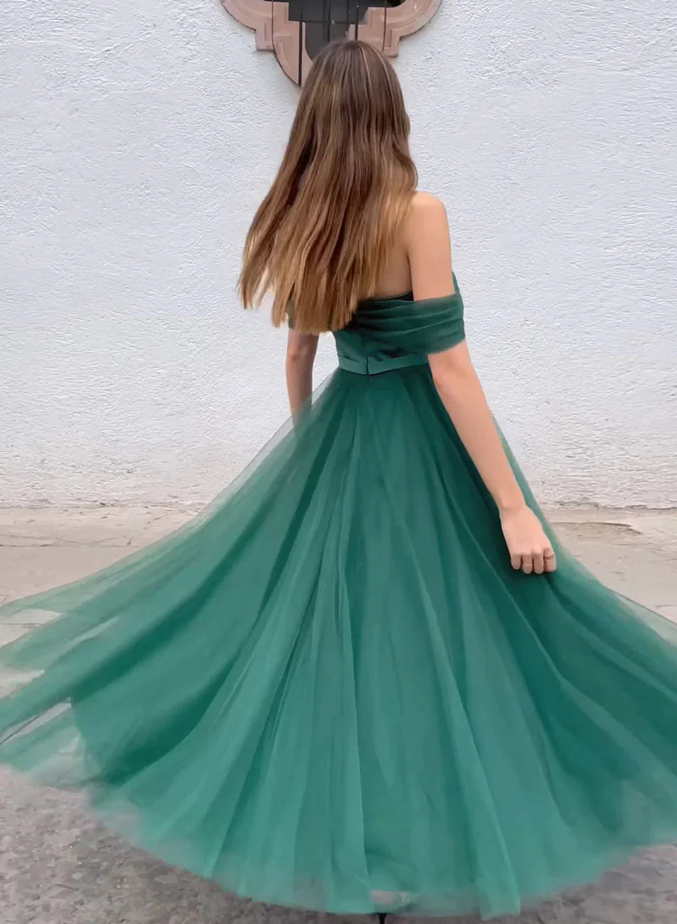 A-Line Off-The-Shoulder Green Tulle Prom Dresses-27dress