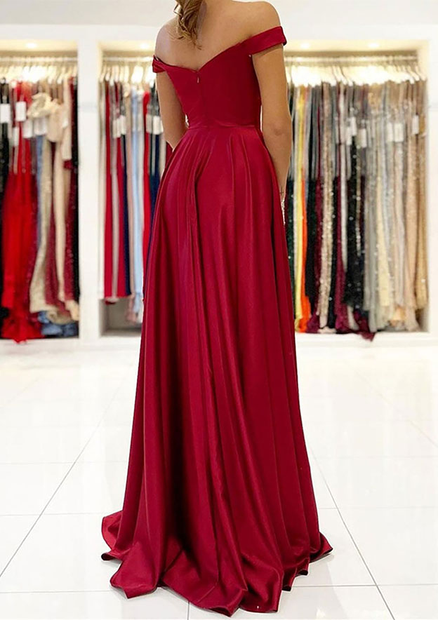 A-line Off-the-Shoulder Long Satin Prom Dress with Split-27dress