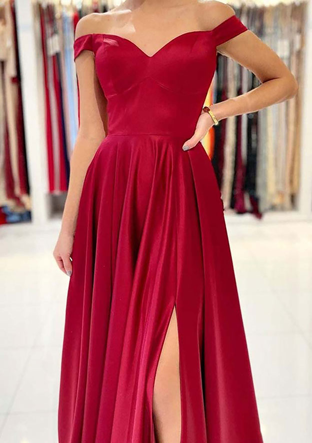 A-line Off-the-Shoulder Long Satin Prom Dress with Split-27dress