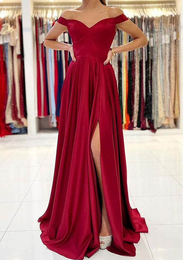 A-line Off-the-Shoulder Long Satin Prom Dress with Split-27dress