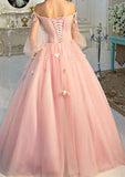 A-Line Off The Shoulder Long Sleeve Tulle Prom Dress with Pleated Detail-27dress