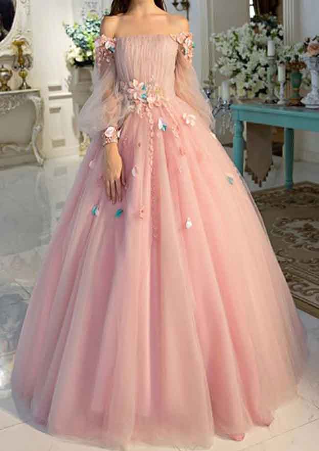 A-Line Off The Shoulder Long Sleeve Tulle Prom Dress with Pleated Detail-27dress