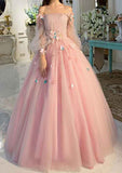 A-Line Off The Shoulder Long Sleeve Tulle Prom Dress with Pleated Detail-27dress