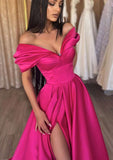 A-line Off-the-Shoulder Long/Floor-Length Satin Prom Dress with Ruffles Split-27dress