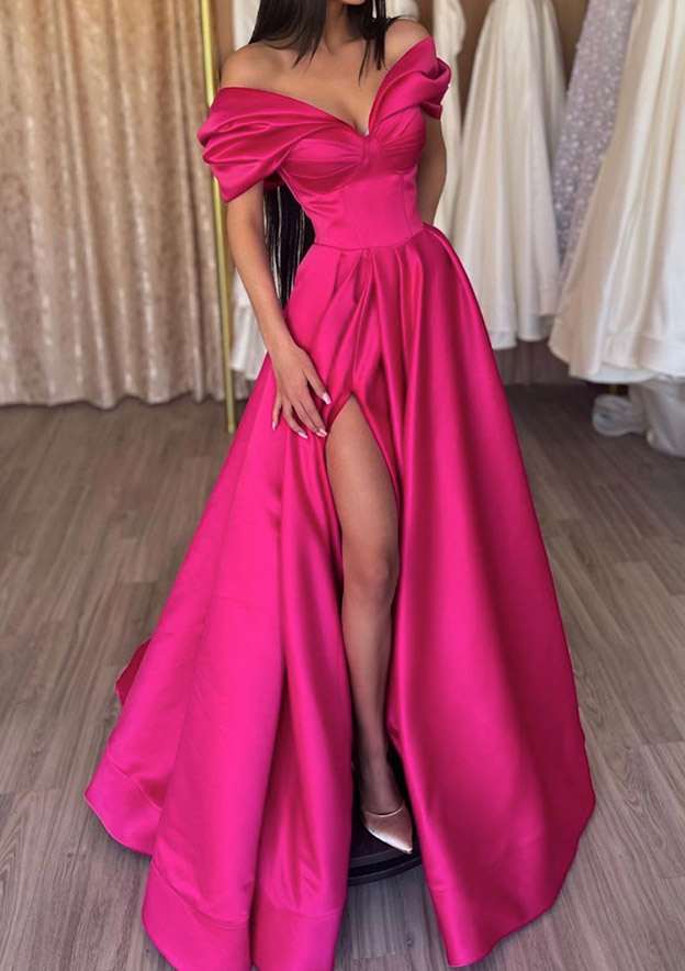 A-line Off-the-Shoulder Long/Floor-Length Satin Prom Dress with Ruffles Split-27dress