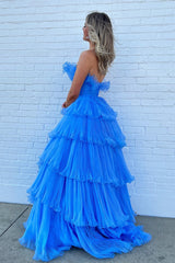 A-line Off-the-Shoulder Pink Ruffle Layers Tulle Long Prom Dress