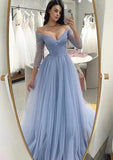 A-Line Off-the-Shoulder Prom Dress with Pleated Tulle Full/Long Sleeve Sweep Train-27dress