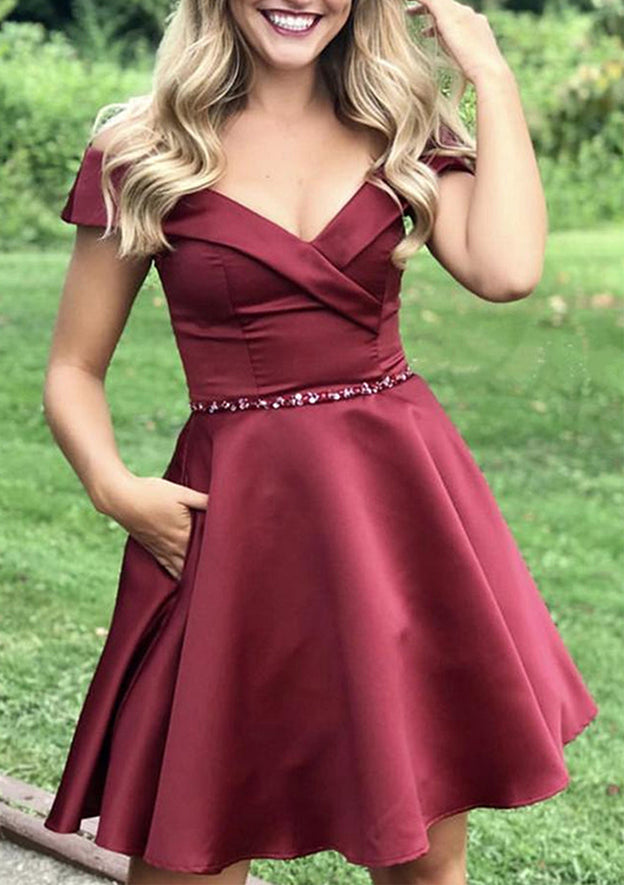 A-Line Off-the-Shoulder Satin Homecoming Dress With Beading Pockets - 27Dress