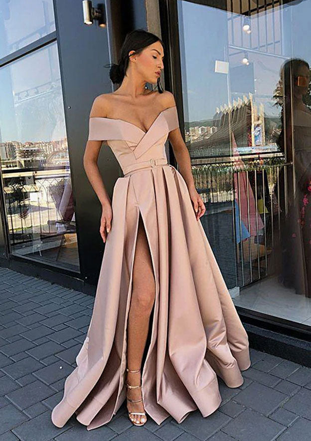 A-Line Off-the-Shoulder Satin Prom Dress With Bandage for a Long/Floor-Length Look-27dress