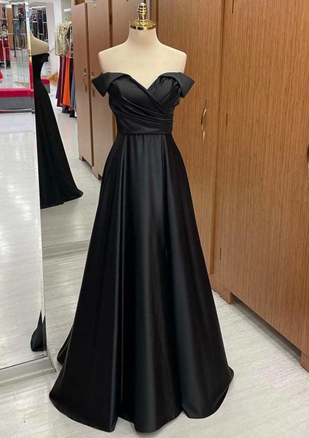 A-Line Off-the-Shoulder Satin Prom Dress with Pleated Long/Floor-Length Skirt-27dress