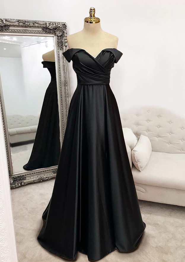 A-Line Off-the-Shoulder Satin Prom Dress with Pleated Long/Floor-Length Skirt-27dress