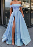 A-line Off-the-Shoulder Satin Prom Dress with Split and Floor-Length Style-27dress