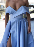 A-line Off-the-Shoulder Satin Prom Dress With Split Front and Cap Straps Sweep Train-27dress