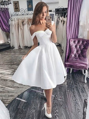 A-line Off-the-shoulder Satin Tea-length Wedding Dress