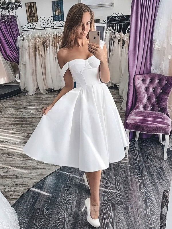 A-line Off-the-shoulder Satin Tea-length Wedding Dress