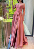 A-line Off-the-Shoulder Sleeveless Charmeuse Prom Dress with Pleated Split and Sweep Train-27dress