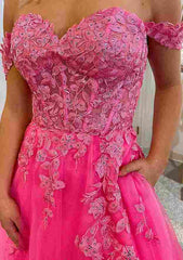 A-line Off-the-Shoulder Sleeveless Court Train Lace Tulle Prom Dress With Beading Pockets Split-27dress