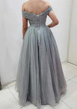 A-line Off-the-Shoulder Sleeveless Long Tulle Prom Dress with Glitter Pleats-27dress