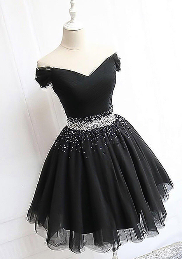 A-Line Off-the-Shoulder Sleeveless Tulle Homecoming Dress with Pleated Beading - 27Dress