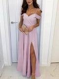 A-Line Off-the-Shoulder Split Front Silk-Like Satin Prom Dress