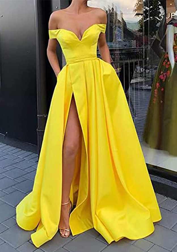 A-Line Off-the-Shoulder Strapless Long Satin Prom Dress With Split-27dress