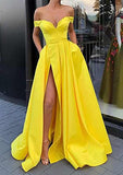 A-Line Off-the-Shoulder Strapless Long Satin Prom Dress With Split-27dress