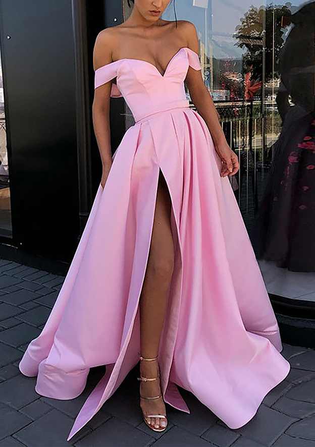 A-Line Off-the-Shoulder Strapless Long Satin Prom Dress With Split-27dress