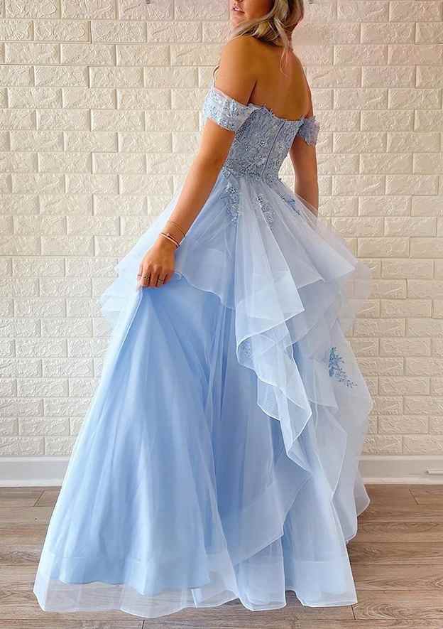 A-Line Off-the-Shoulder Tulle Prom Dress With Appliqued Beading Ruffles and Sequins-27dress