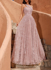 A-Line One-Shoulder Floor-Length Lace Prom Dress with Pleated Detail-27dress