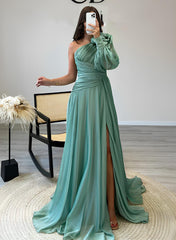 A-Line One-Shoulder Long Sleeves Chiffon Prom Dress with Sweep Train-27dress