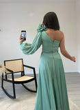 A-Line One-Shoulder Long Sleeves Chiffon Prom Dress with Sweep Train-27dress