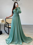 A-Line One-Shoulder Long Sleeves Chiffon Prom Dress with Sweep Train-27dress