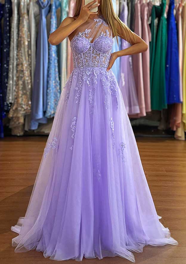 A-line One-Shoulder Prom Dress with Appliques and Sweep Train Tulle Skirt-27dress